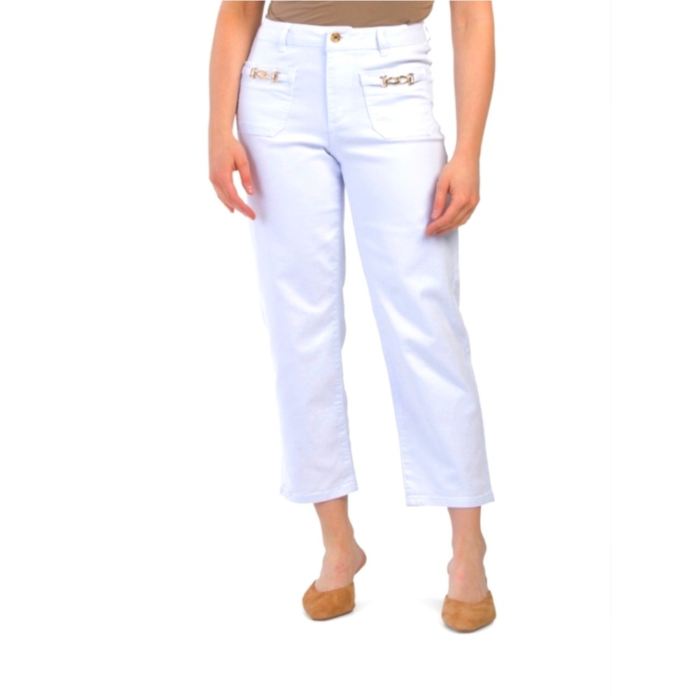 CAMILA COELHO White Cropped Ankle Jeans with Gold Tone Chain Detail Size 6